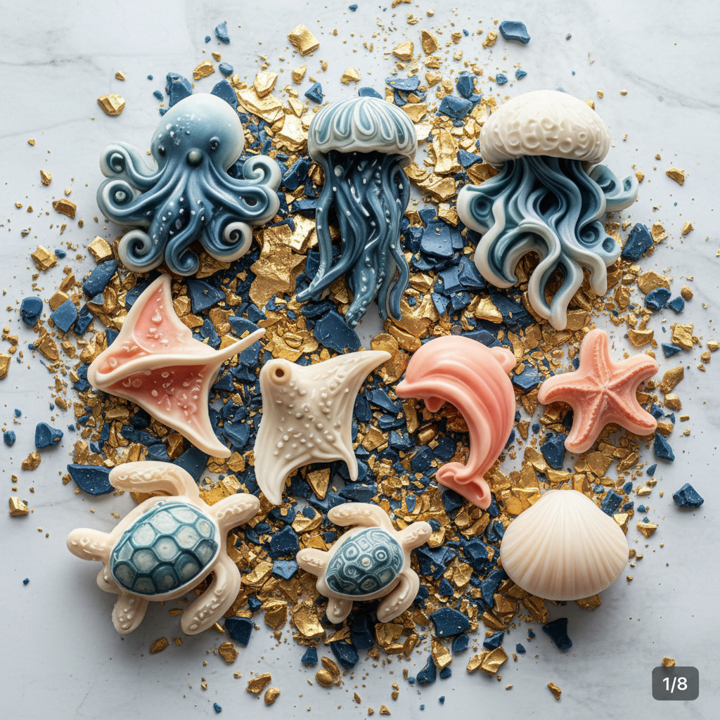 Sculptural ocean-themed wax melt figures arranged on a bed of cracked gold and blue wax shards — octopus, jellyfish, sea turtle, dolphin, starfish and shell in dusty blue, coral and cream tones